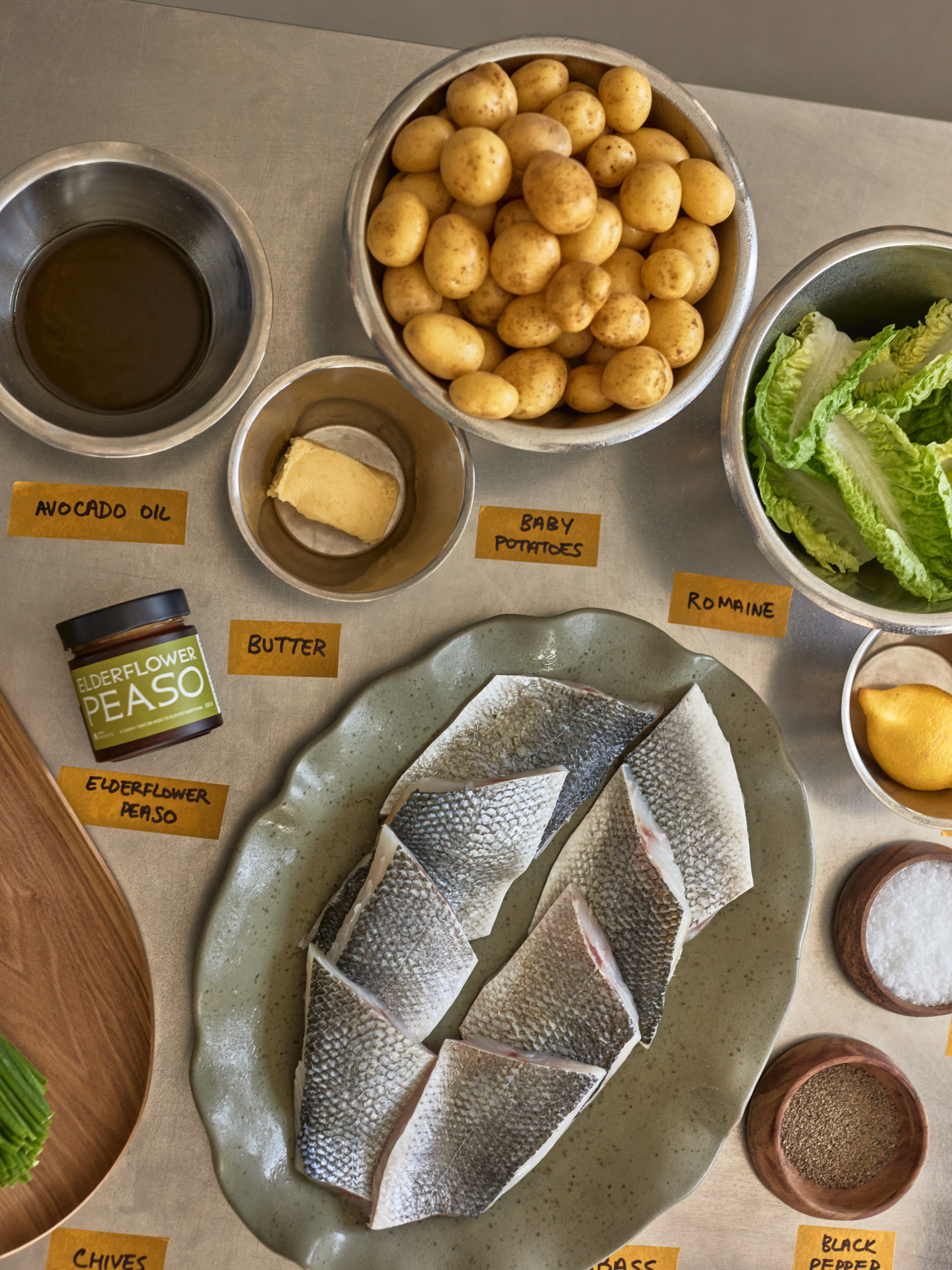 Peaso-Cured Seabass with Crushed Potatoes and a Romaine Salad