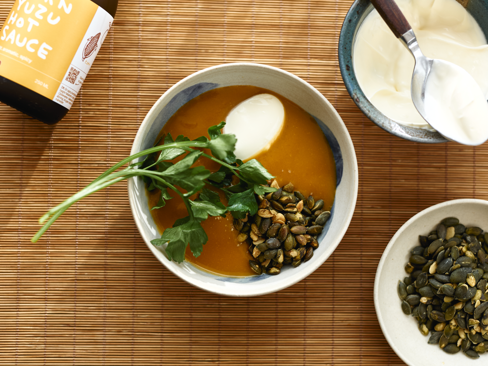 Roasted Pumpkin Soup with Corn Yuzu Hot Sauce