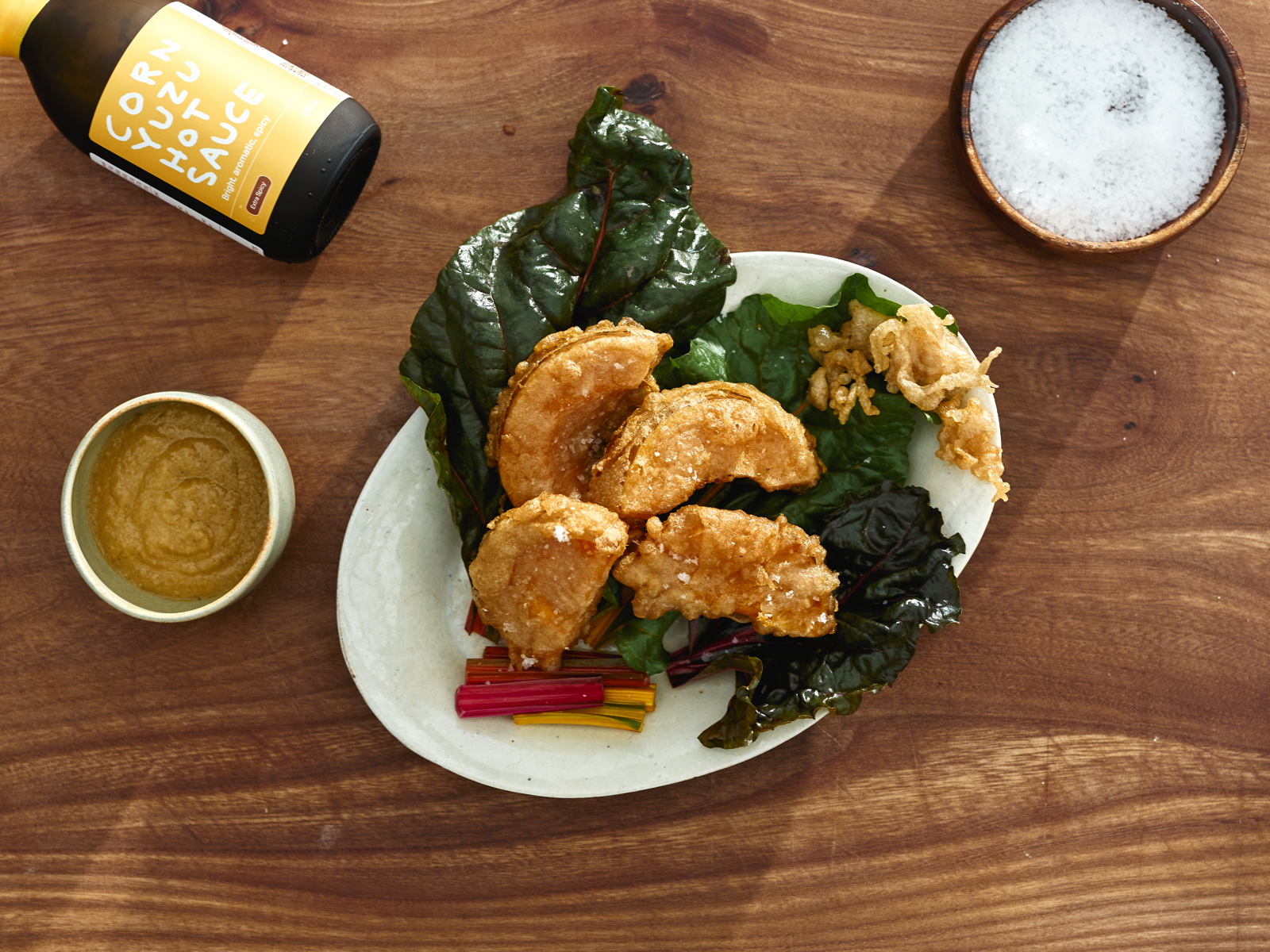 Pumpkin Tempura with Corn Yuzu Hot Sauce