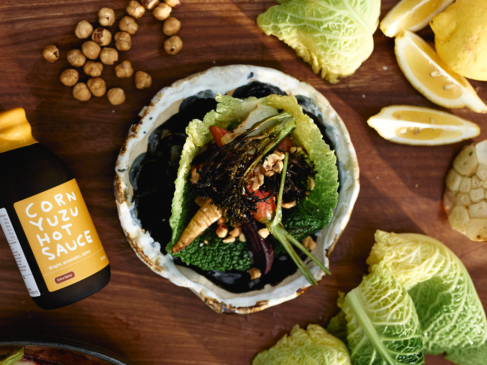Cabbage Taco with Roasted Veggies and Corn Hot Yuzu Sauce