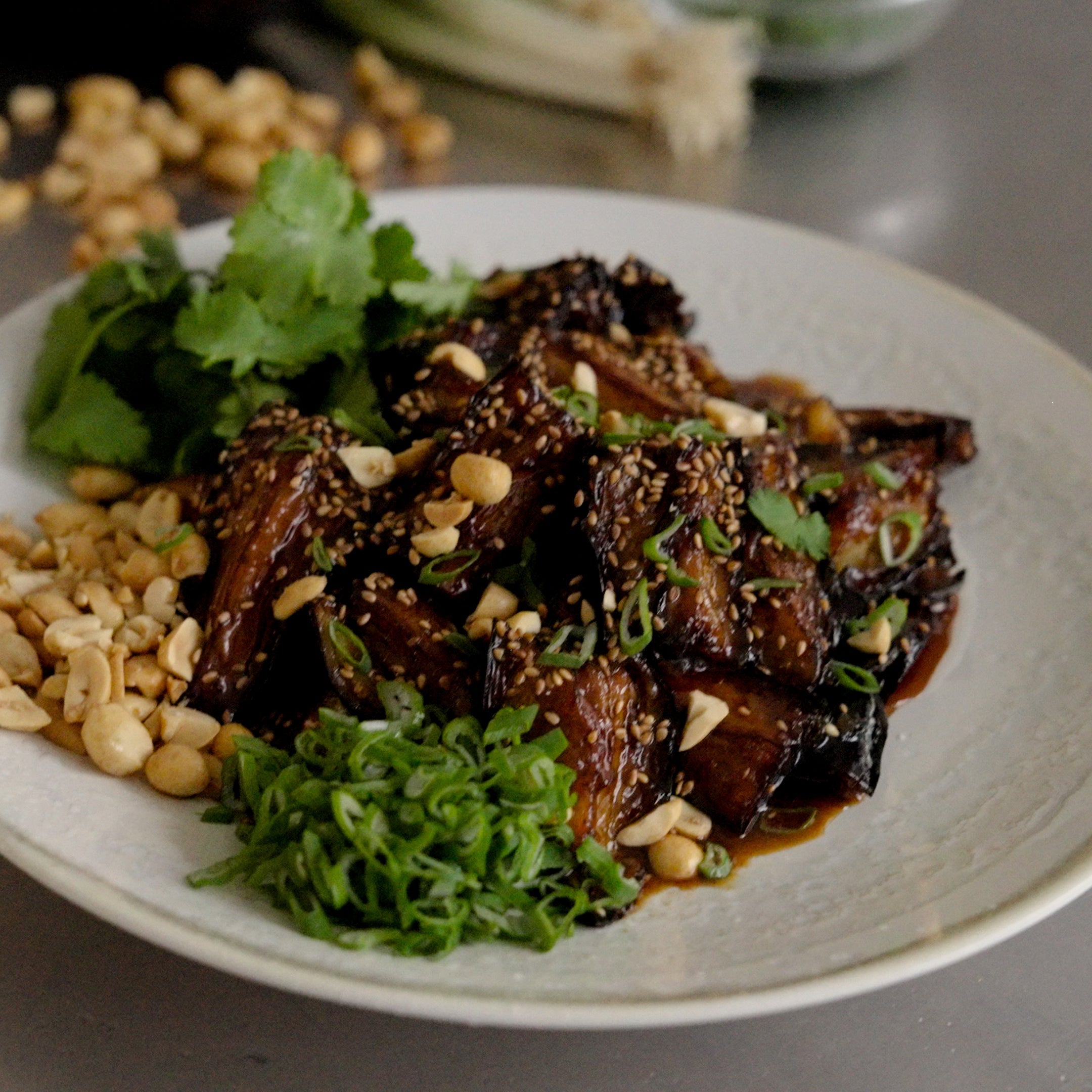 Shallow Fried Aubergines with a Pepper Tamari Glaze