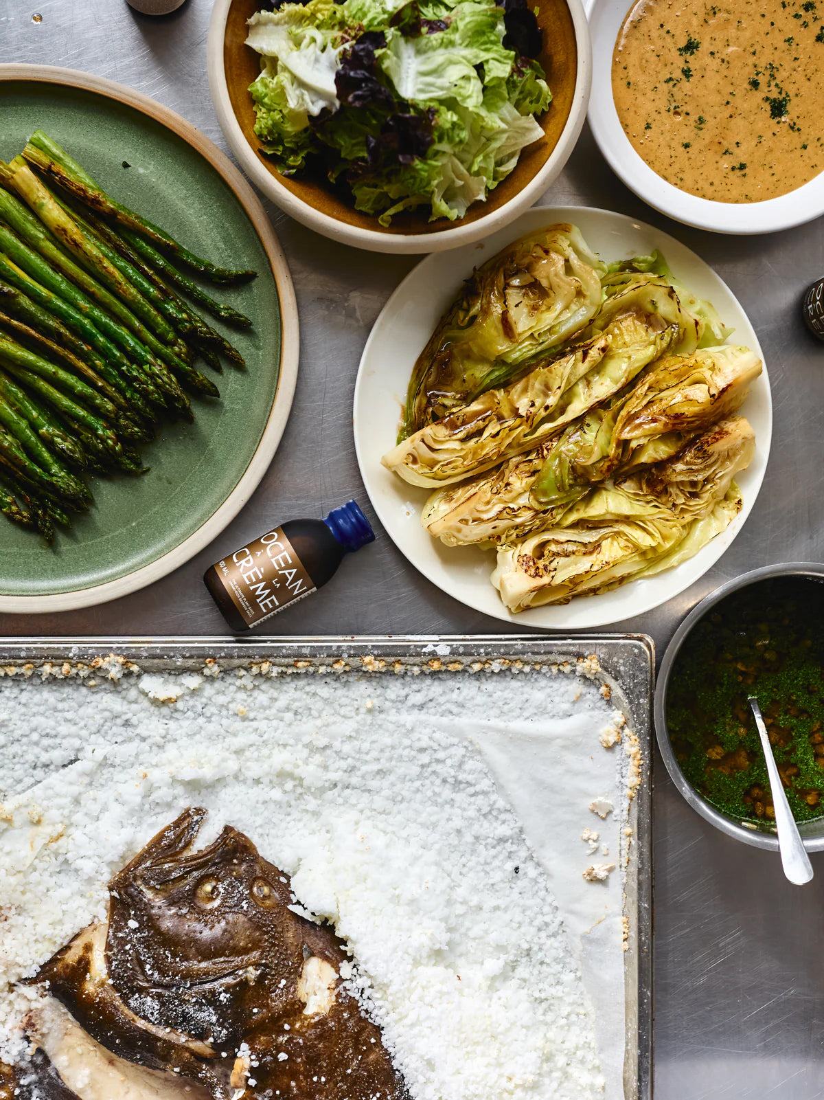 Salt Baked Fish, Cabbage, and Sautéed Asparagus