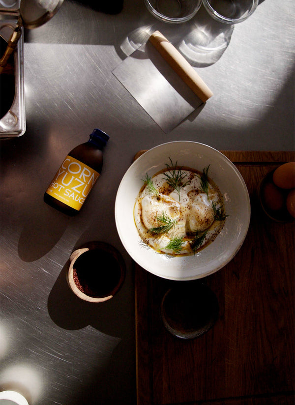 Turkish Eggs with Corn Yuzu Hot Sauce