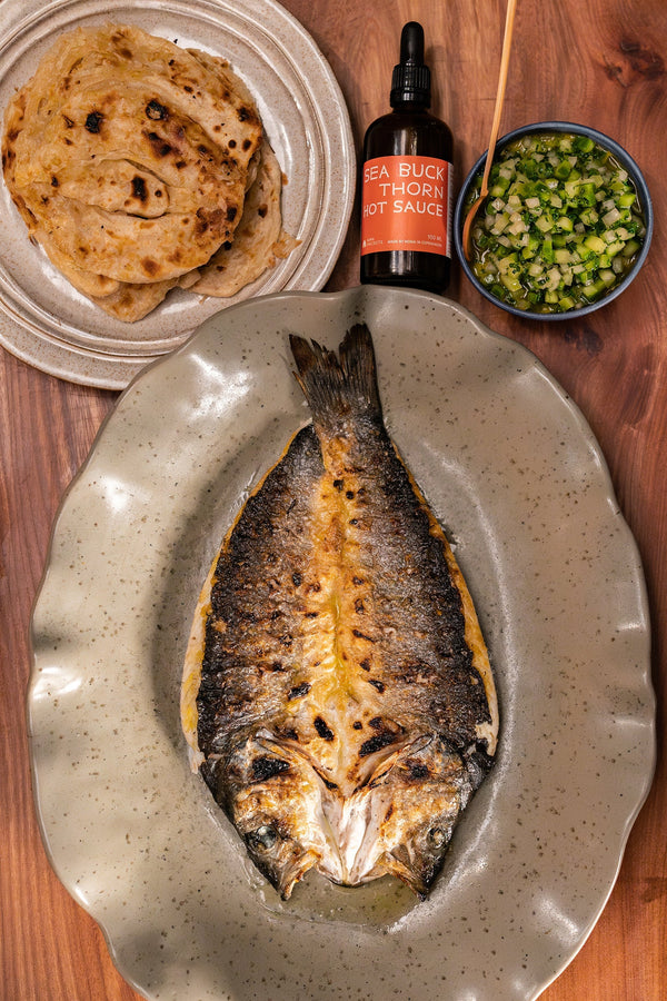 Grilled Sea Bass with Sea Buckthorn Hot Sauce Salsa