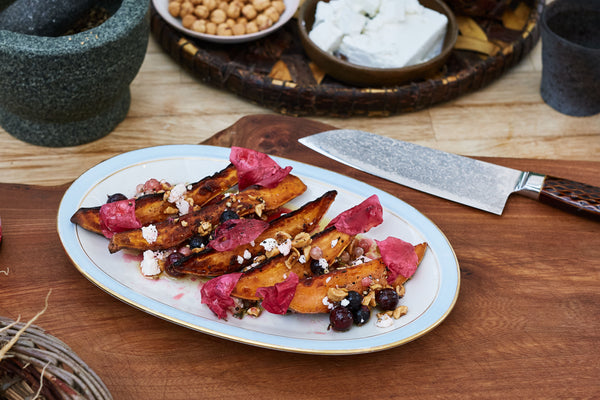 Roasted Sweet Potatoes with Blackcurrant and Hazelnuts