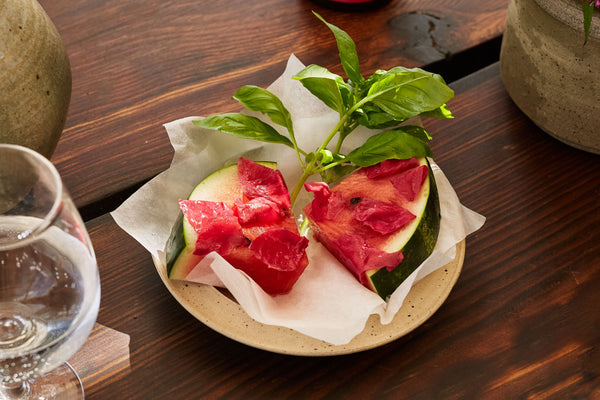 Watermelon with Pickled Roses and Basil